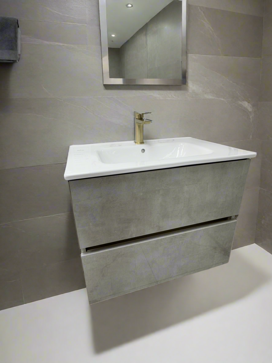 3107-70 Spanish Grey 700mm 2-Draw Handless Wall Hung Bathroom Vanity unit Inc Nano Glazed Ceramic Basin