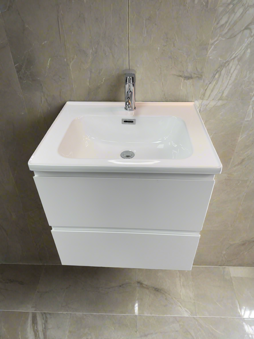 1175-60 600mm Opus White Matt 2-Draw Handleless Wall Hung Bathroom Vanity Unit with Nano Glazed Ceramic Basin