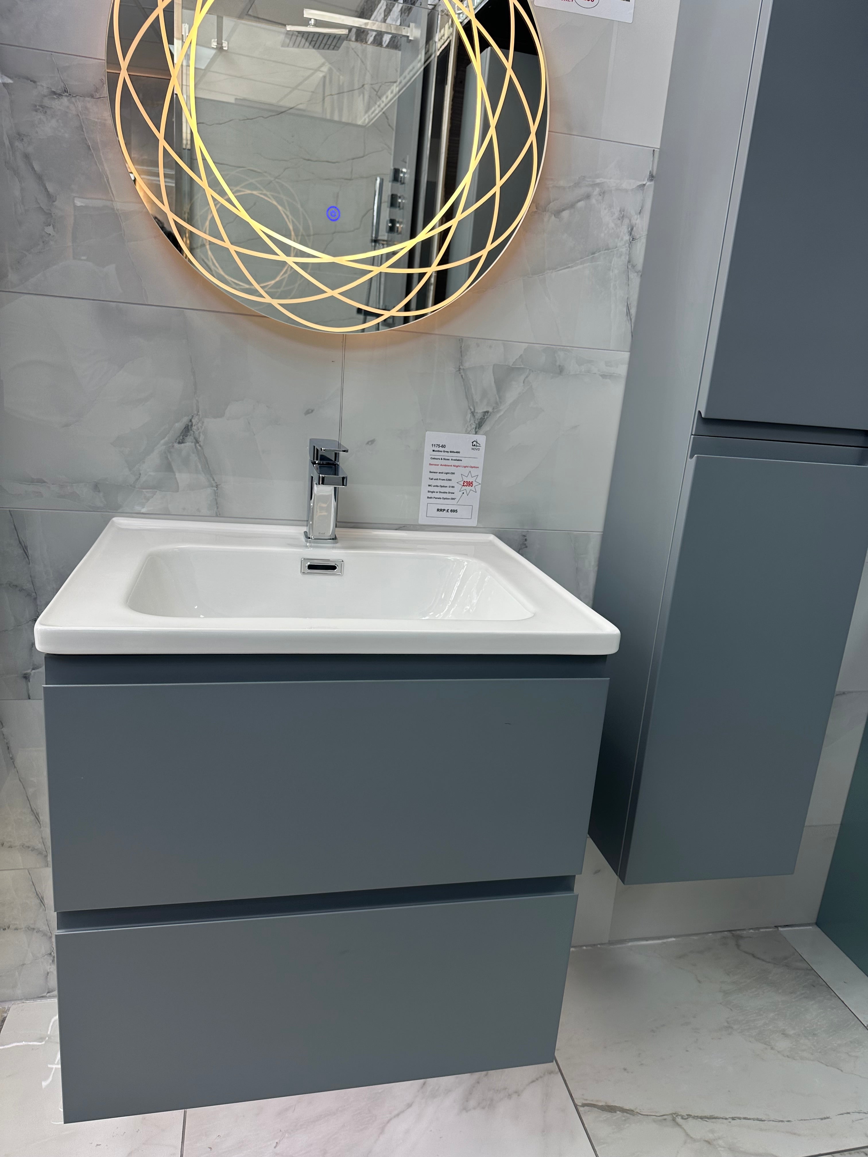 Novo 1175-60 Opus Monument Grey 2-Draw Vanity & Nano Glazed Ceramic Basin