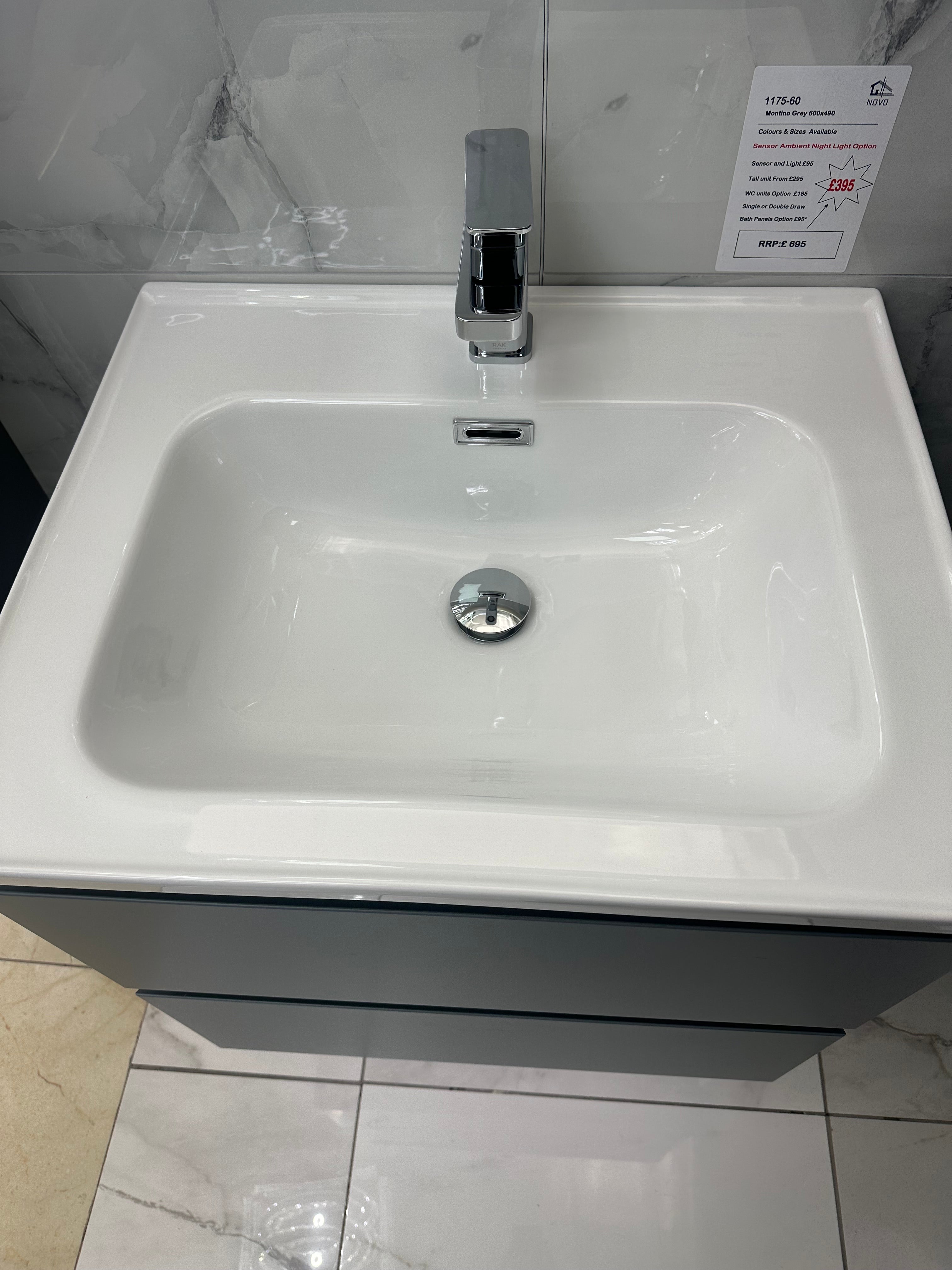 Novo 1175-60 Opus Monument Grey 2-Draw Vanity & Nano Glazed Ceramic Basin