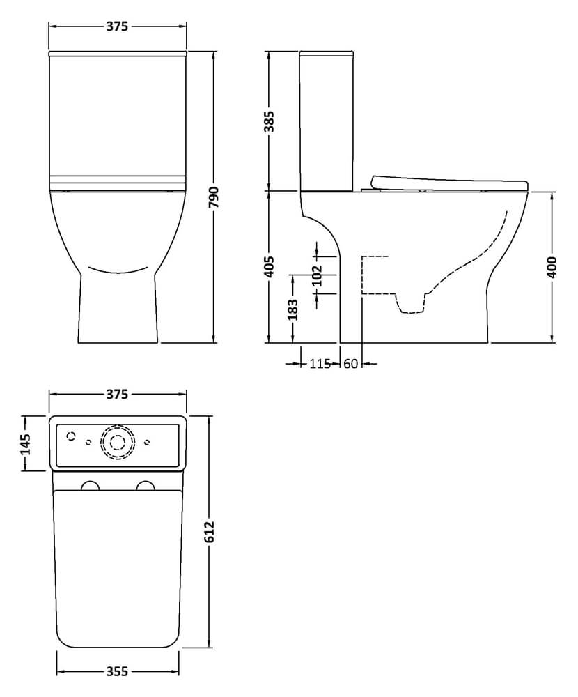 Nuie Ava 375 x 610mm Closed Coupled Rimless White Pan With Cistern And Seat