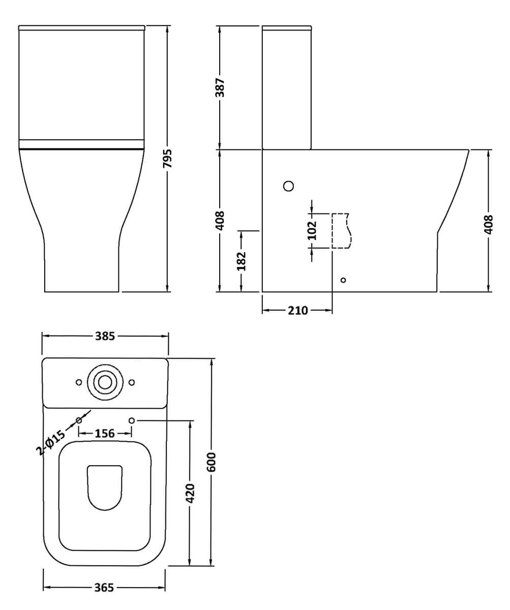 Nuie Ava 385 x 613mm Rimless Closed Coupled Toilet With Soft Close Seat