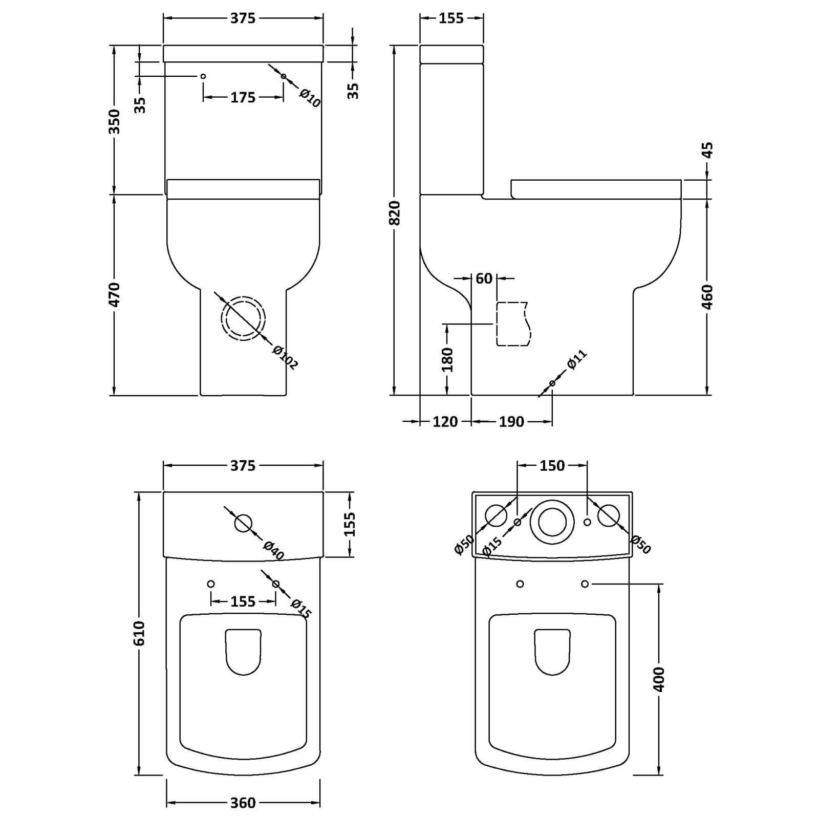 Nuie Ava 375 x 610mm Comfort Height Closed Coupled Toilet