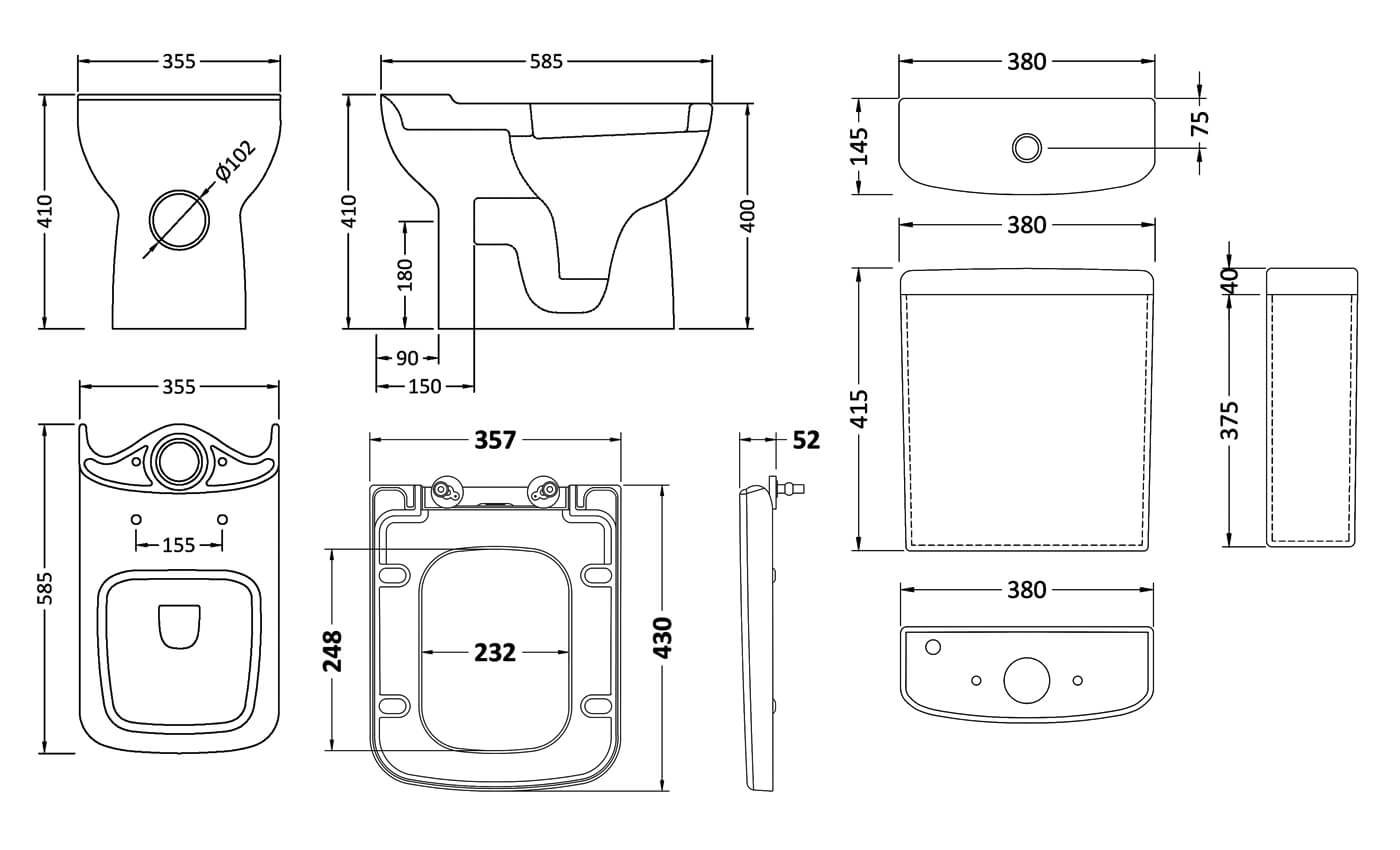 Nuie Ambrose 380mm Compact Semi Flush To Wall Pan With Cistern And Seat