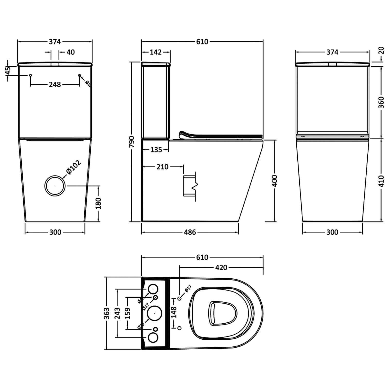 Nuie Freya 374 x 610mm White Rimless Back To Wall WC Pan With Cistern And Seat