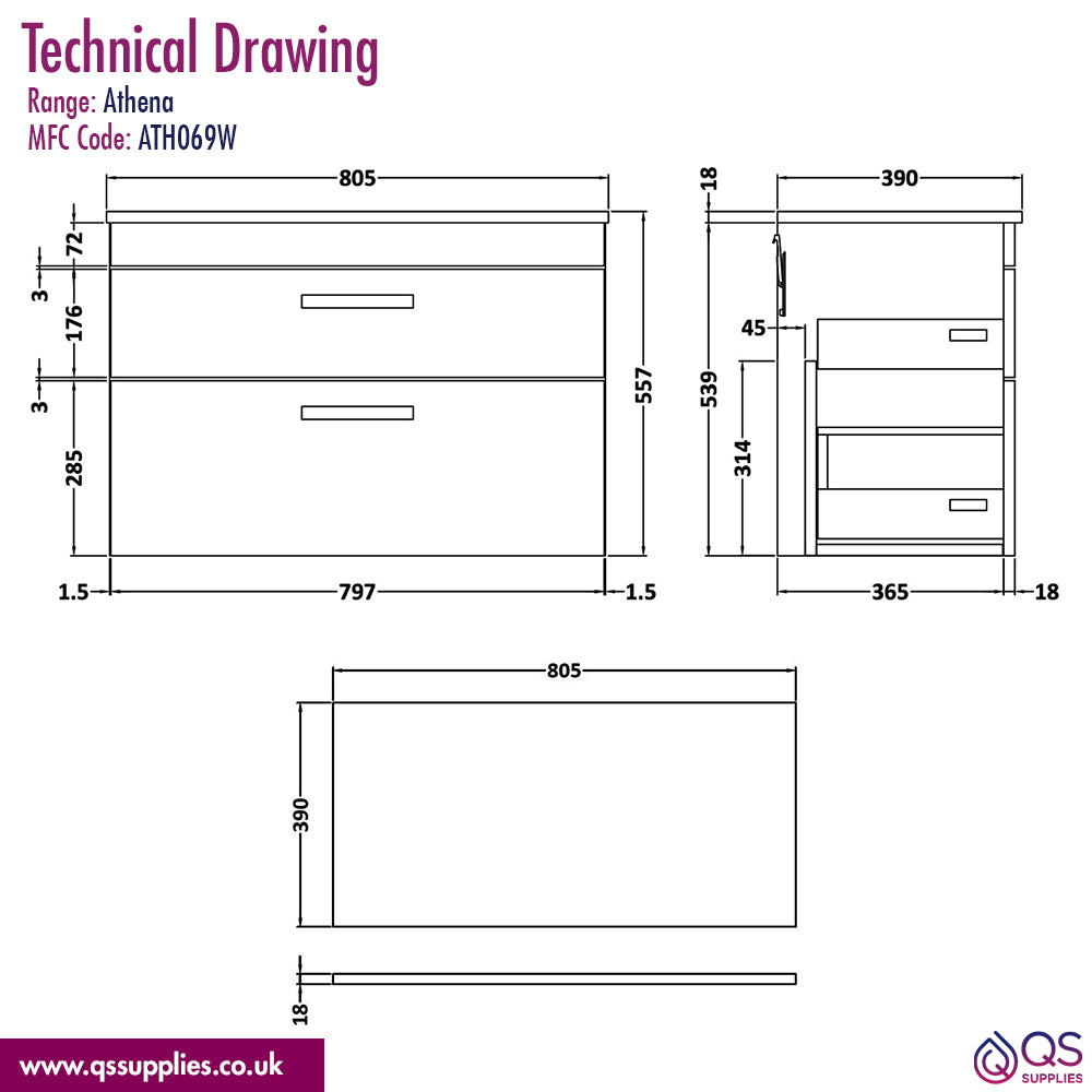 Nuie Athena 2 Drawer Wall Hung Vanity Unit With Worktop