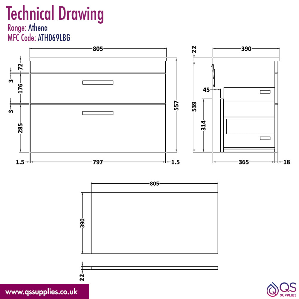 Nuie Athena 2 Drawer Wall Hung Vanity Unit With Worktop