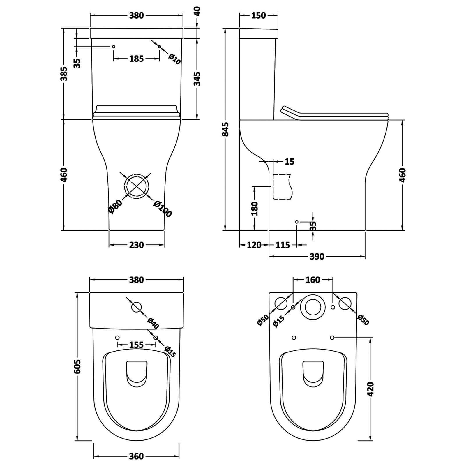 Nuie Freya 380 x 605mm Comfort Height Rimless Closed Coupled Toilet