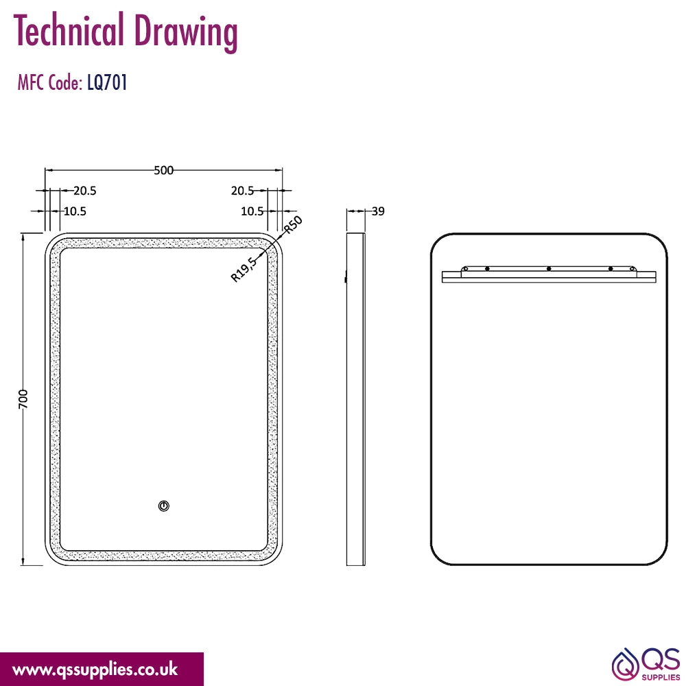 Hudson Reed 500 x 700mm Framed LED Illuminated Touch Sensor Mirror
