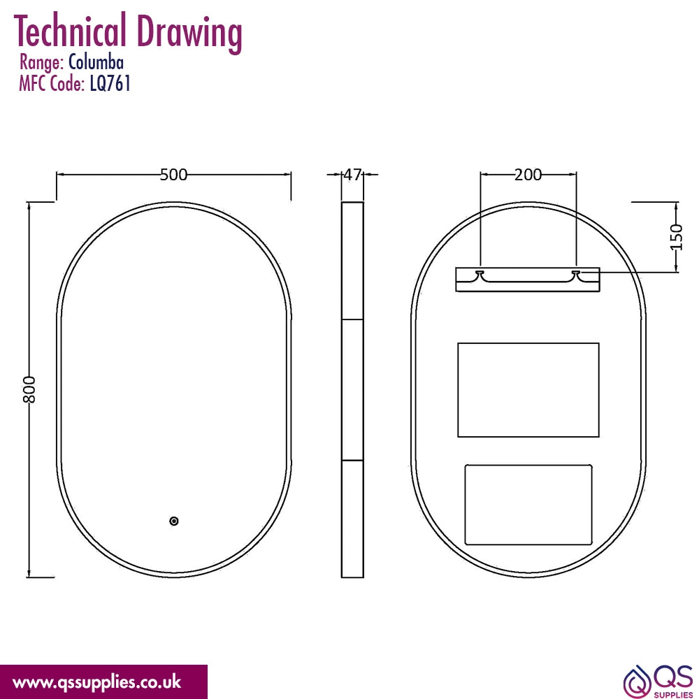 Hudson Reed Columba 500 x 800mm Framed LED Touch Sensor Mirror
