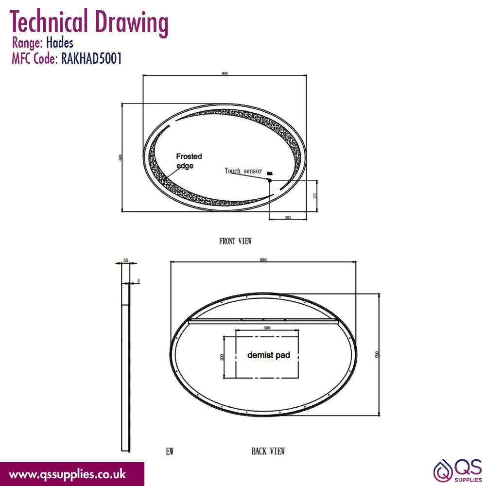 RAK Hades LED Illuminated Oval Mirror With Demister And Touch Sensor Switch 900 x 600mm