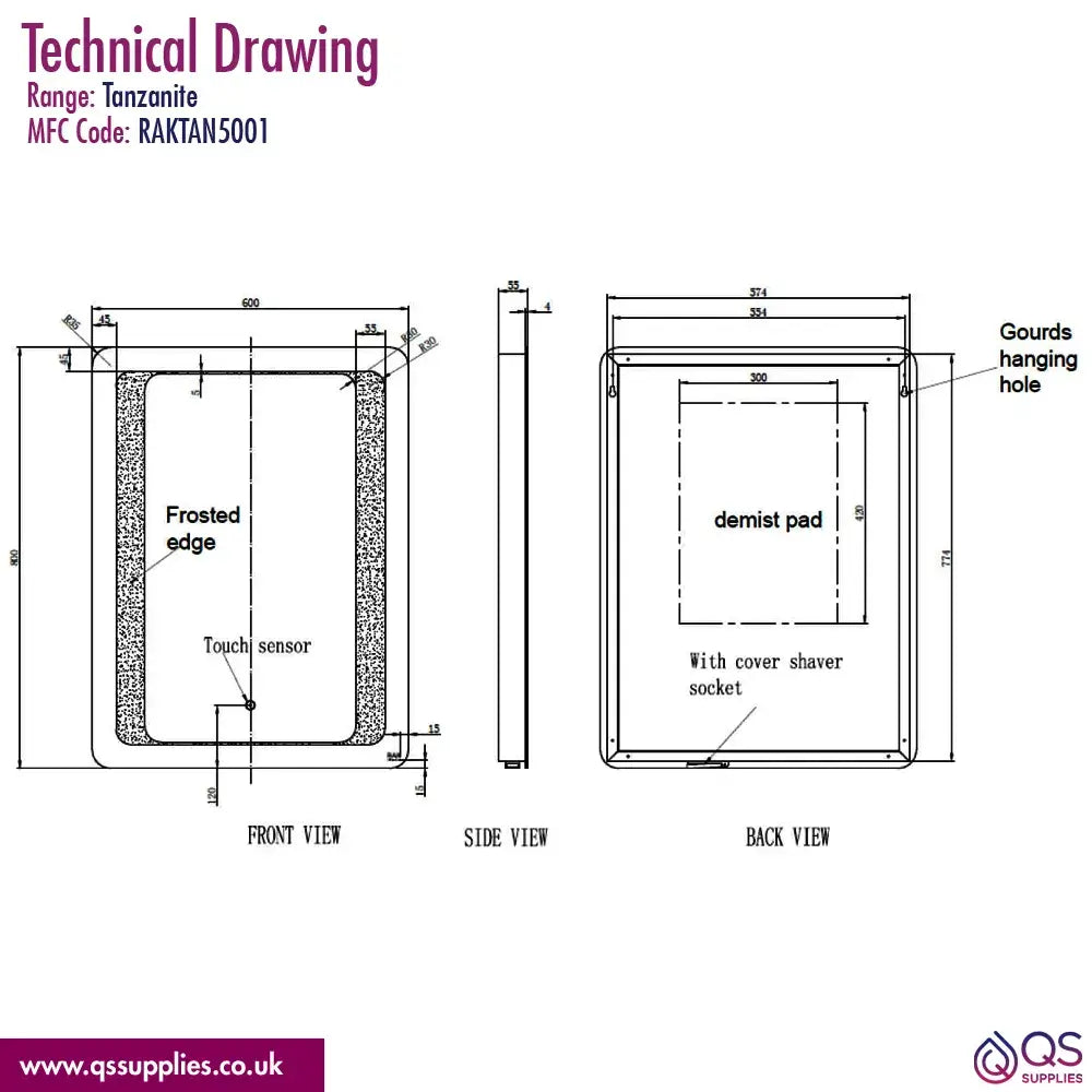 RAK Tanzanite 600 x 800mm LED Illuminated Mirror With Demister And Touch Sensor Switch