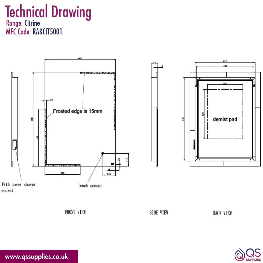 RAK Citrine 600 x 800mm LED Illuminated Mirror With Demister And Touch Sensor Switch
