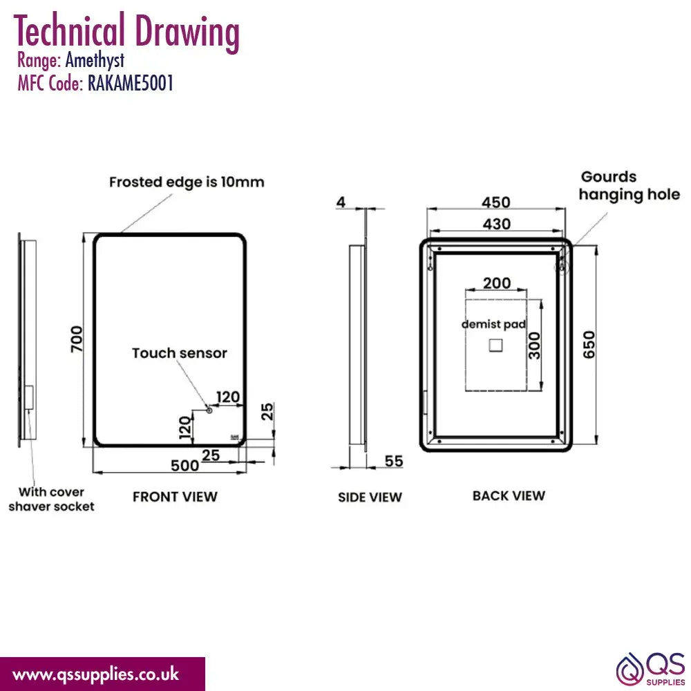 RAK Amethyst LED Illuminated Mirror With Demister Pad And Shaver Socket