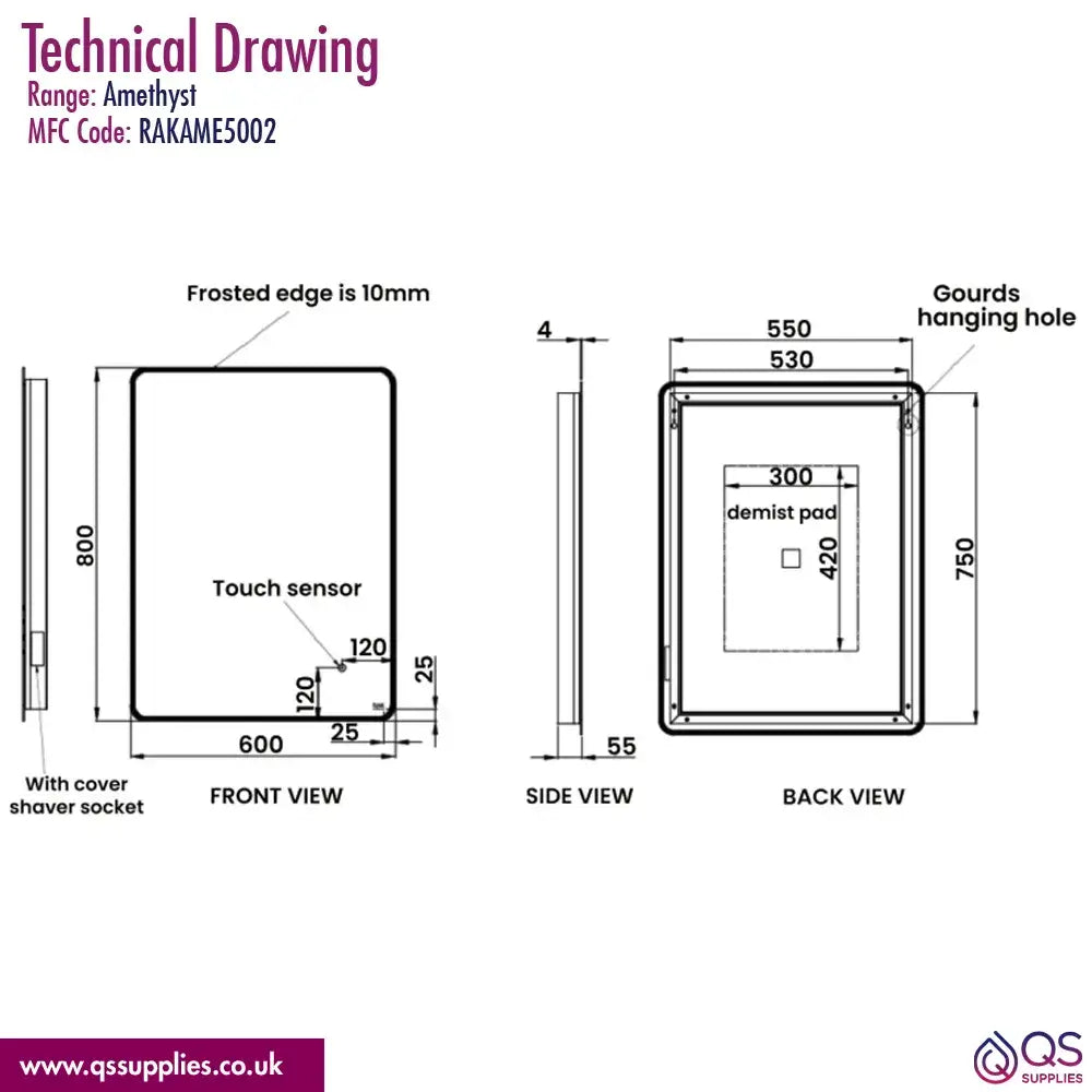 RAK Amethyst LED Illuminated Mirror With Demister Pad And Shaver Socket