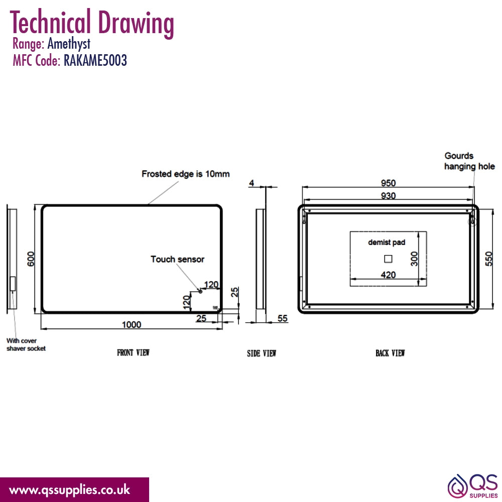 RAK Amethyst LED Illuminated Mirror With Demister Pad And Shaver Socket