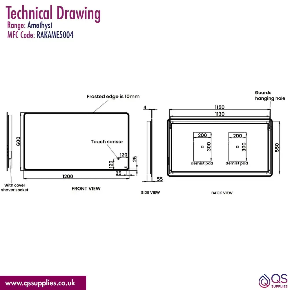 RAK Amethyst LED Illuminated Mirror With Demister Pad And Shaver Socket