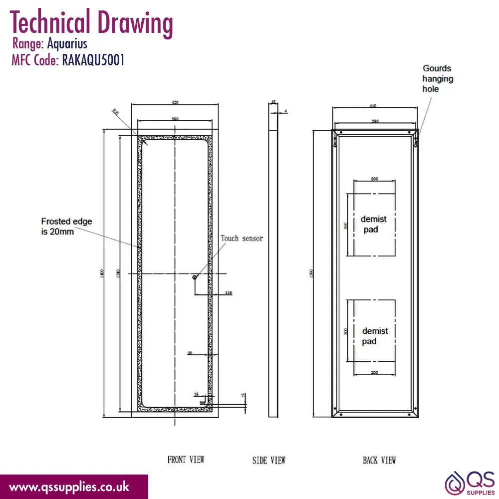 RAK Aquarius 420 x 1400mm LED Tall Dress Mirror With Demister And Touch Sensor Switch