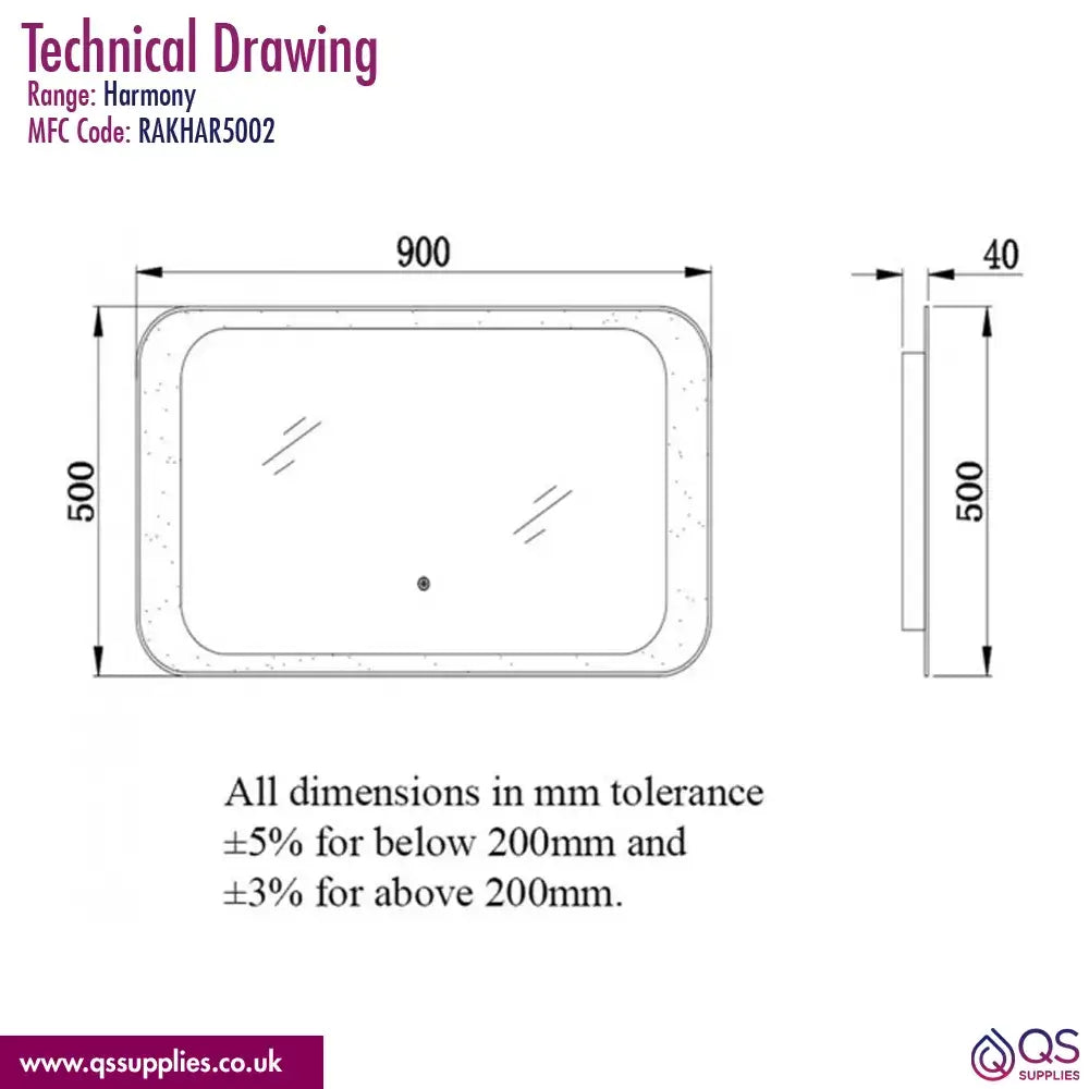 RAK Harmony LED Mirror With On-Off Switch And Demister Pad
