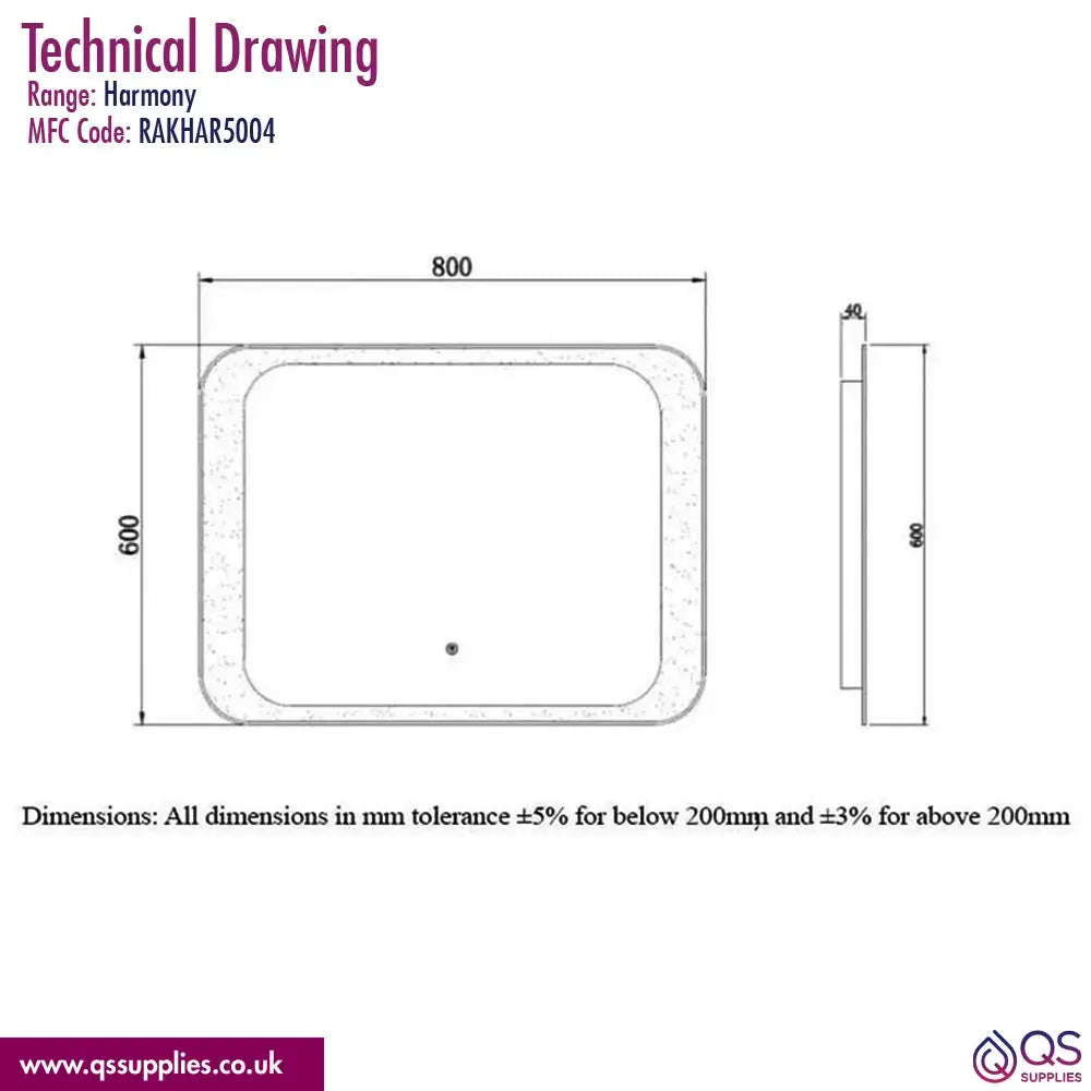 RAK Harmony LED Mirror With On-Off Switch And Demister Pad