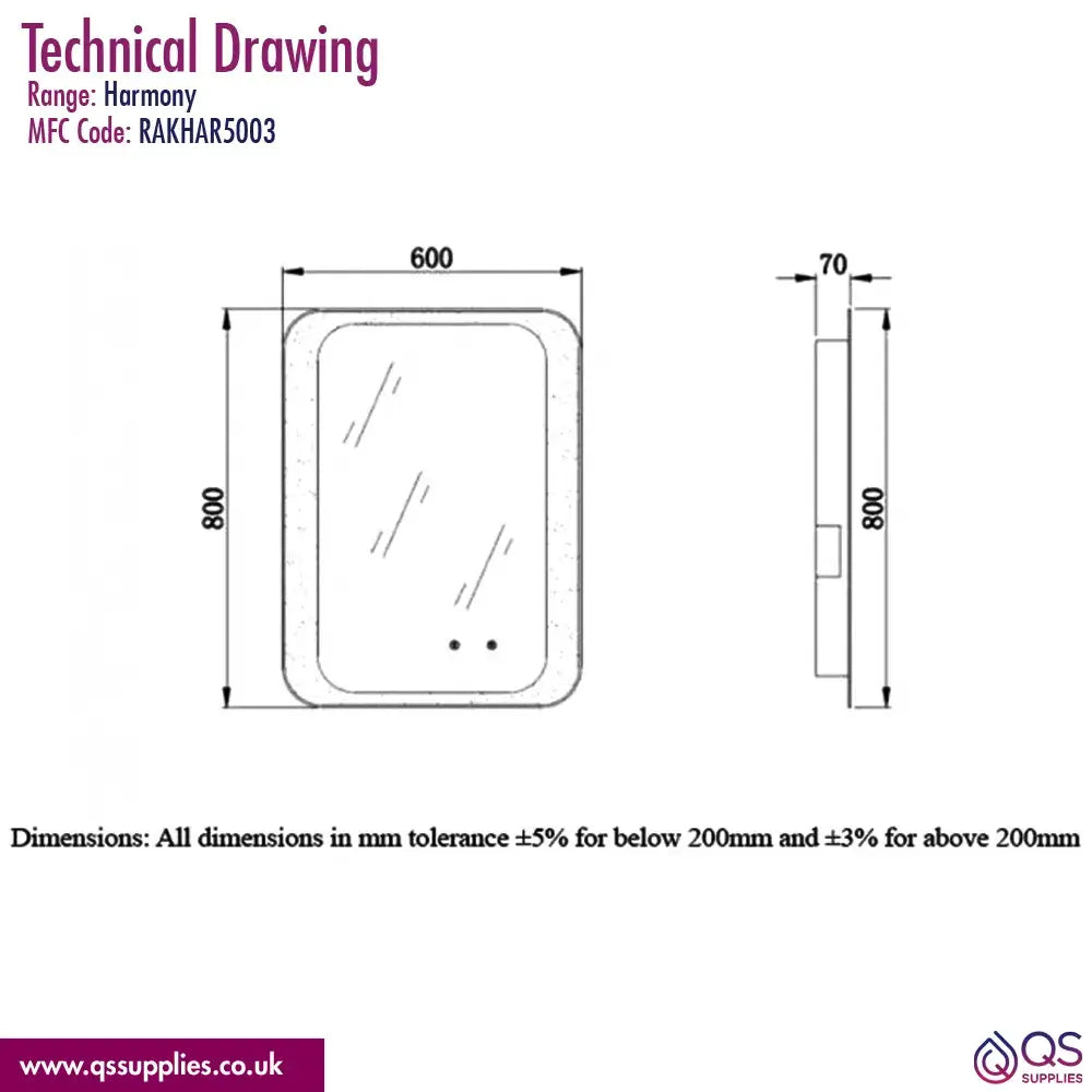 RAK Harmony LED Mirror With On-Off Switch And Demister Pad