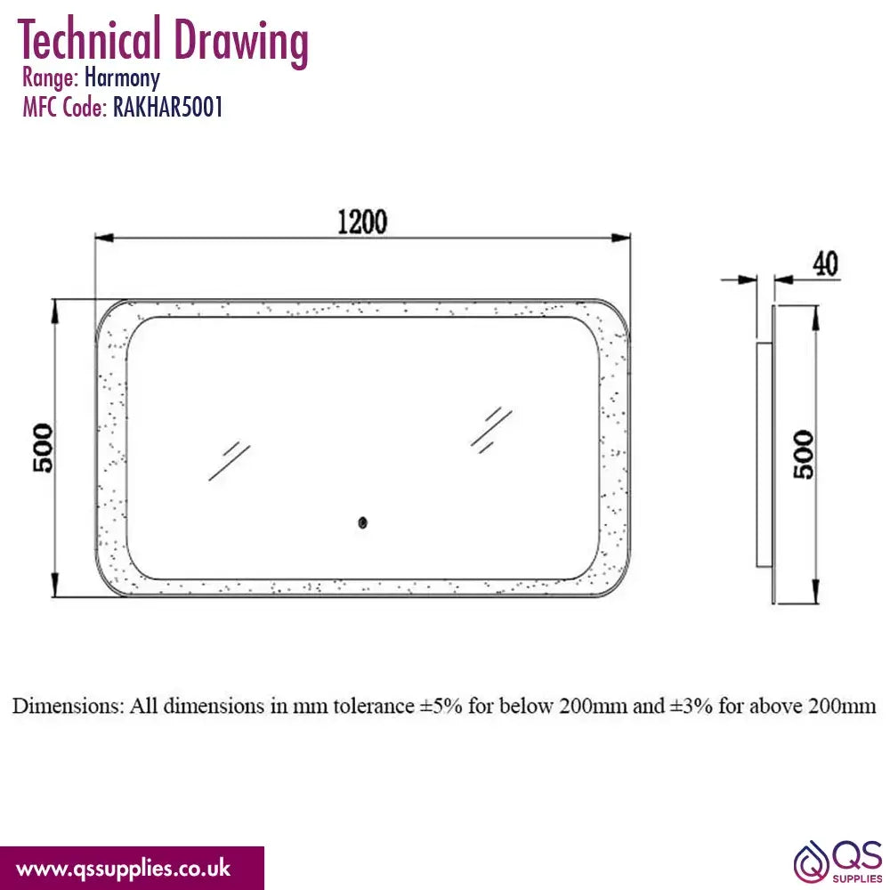 RAK Harmony LED Mirror With On-Off Switch And Demister Pad