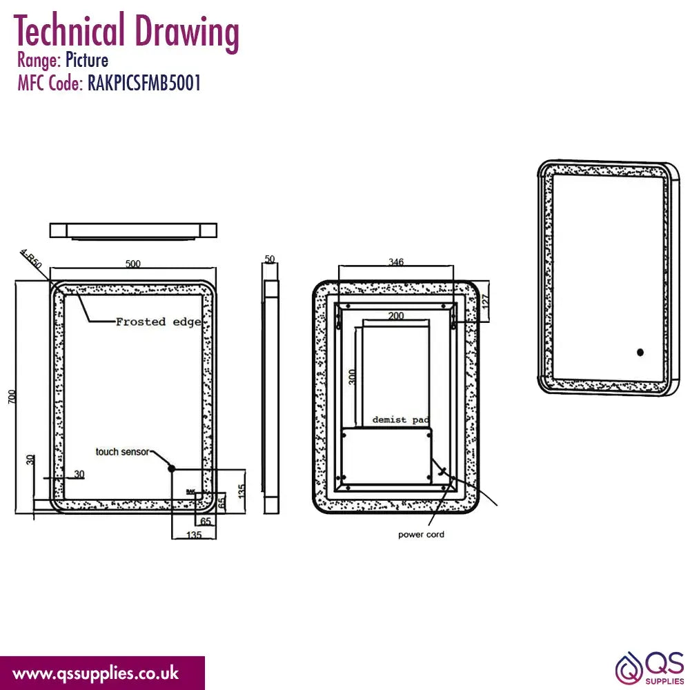 Rak Picture Soft LED Illuminated Rectangular Mirror With Demister Pad