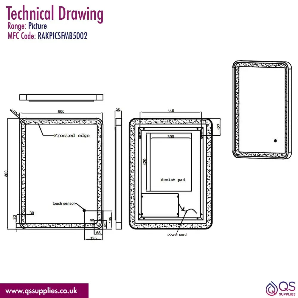 Rak Picture Soft LED Illuminated Rectangular Mirror With Demister Pad
