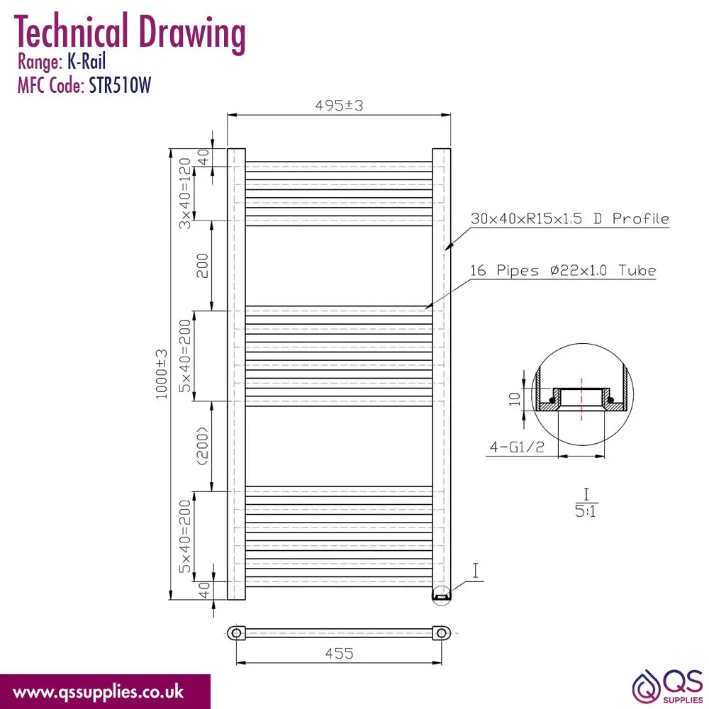 Kartell K-Rad K-Rail Straight Towel Rail 500mm Wide