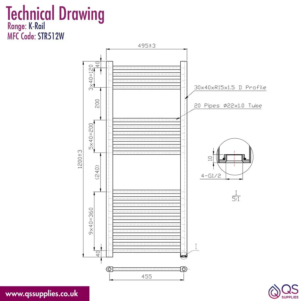 Kartell K-Rad K-Rail Straight Towel Rail 500mm Wide