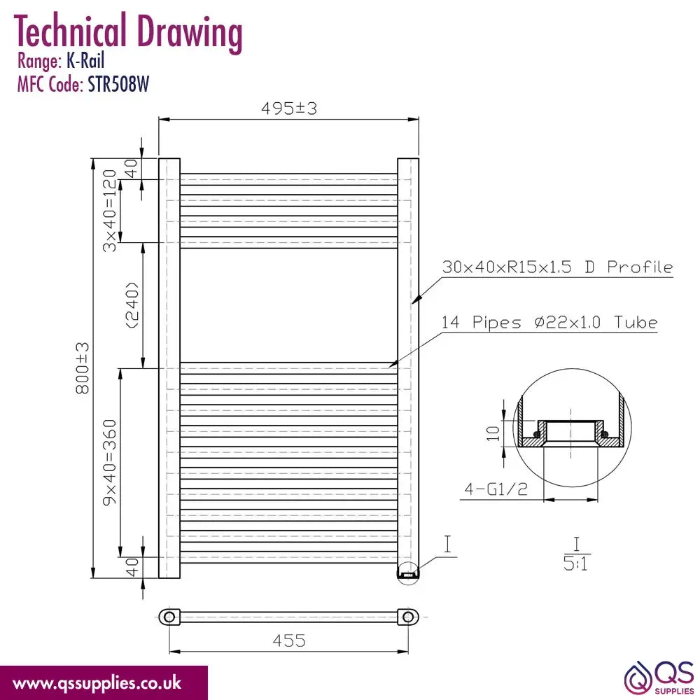 Kartell K-Rad K-Rail Straight Towel Rail 500mm Wide