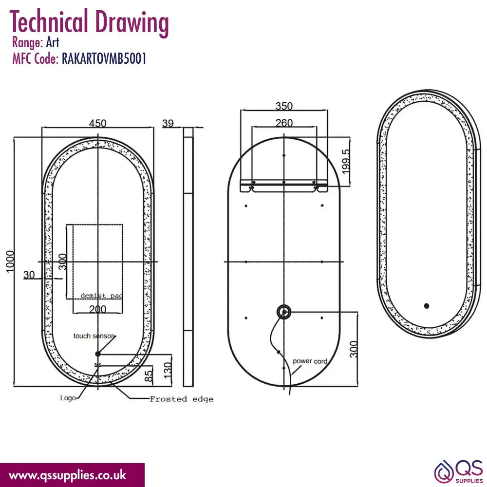 Rak Art LED Illuminated 450mm Oval Mirror With Touch Sensor