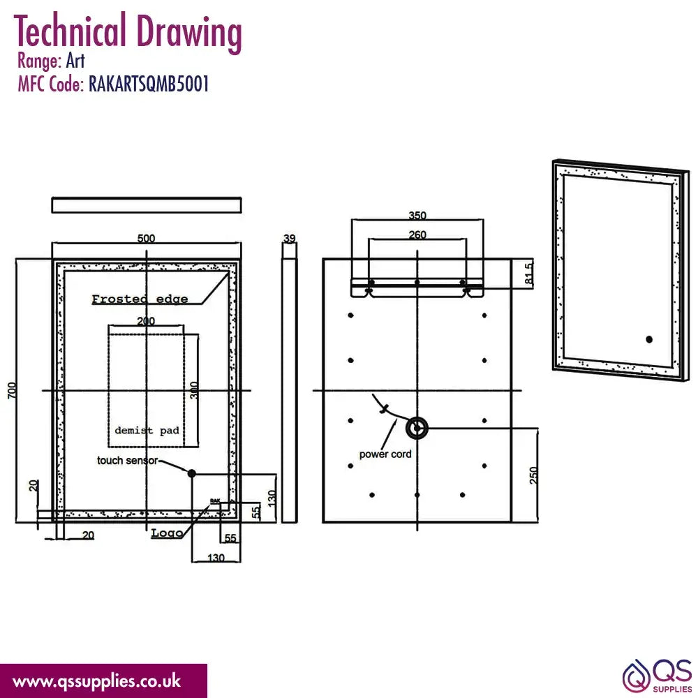 Rak Art Square LED Illuminated 500 x 700mm Mirror With Demister Pad