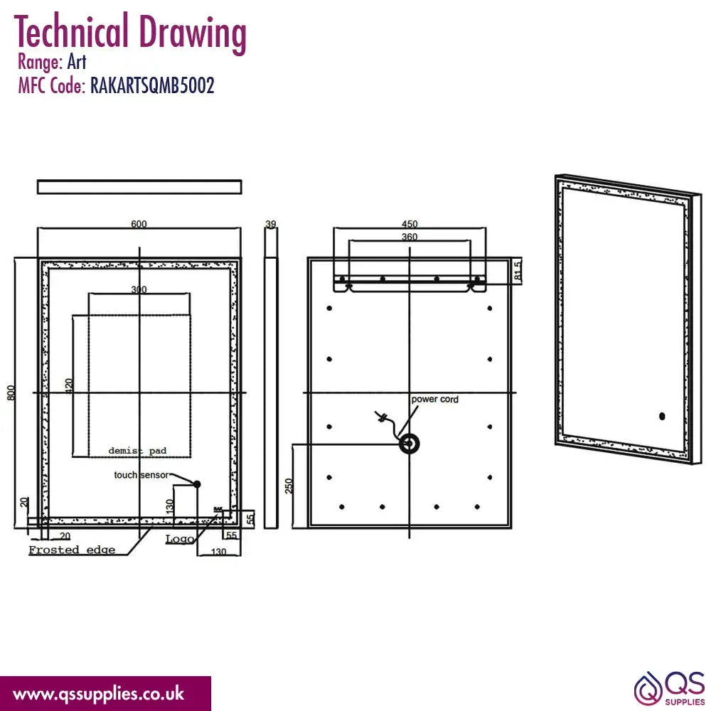 Rak Art Square LED Illuminated 500 x 700mm Mirror With Demister Pad