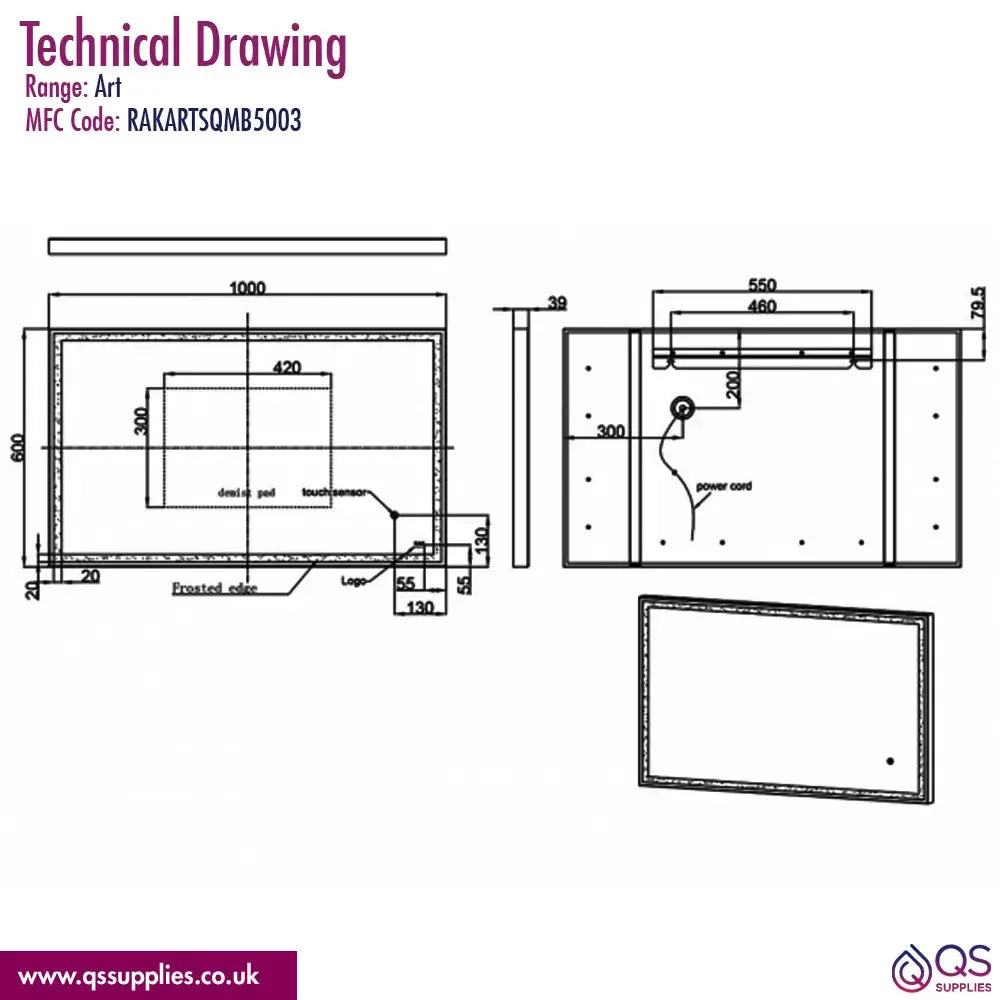 Rak Art Square LED Illuminated 500 x 700mm Mirror With Demister Pad
