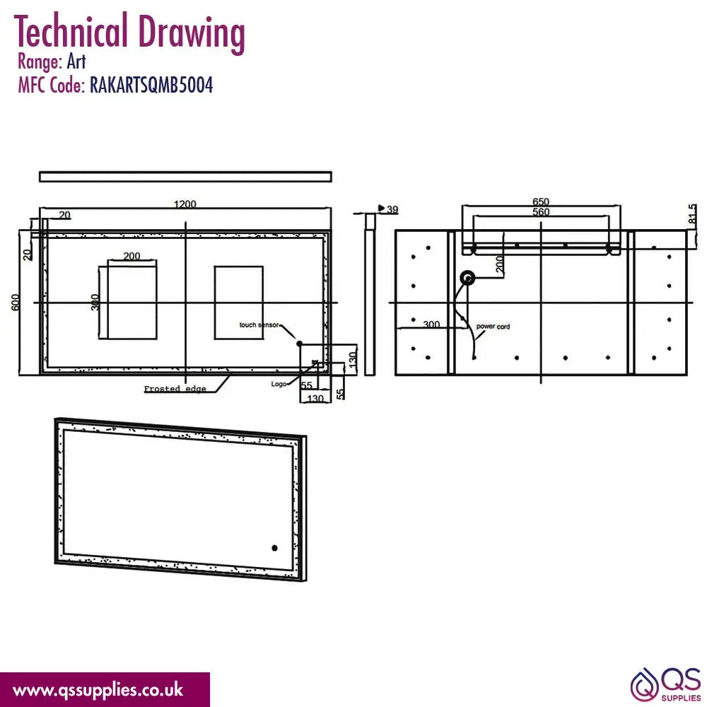 Rak Art Square LED Illuminated 500 x 700mm Mirror With Demister Pad