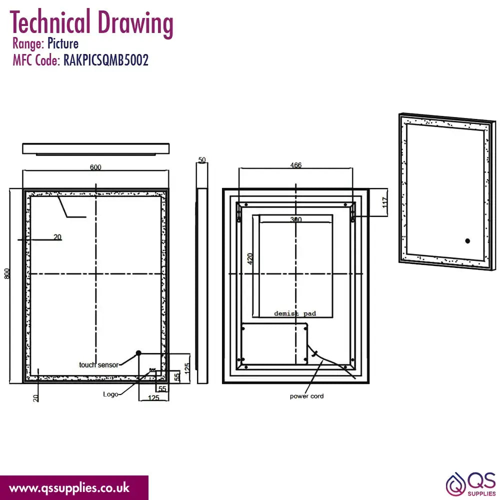 Rak Picture Soft Square LED Illuminated Mirror With Demister Pad