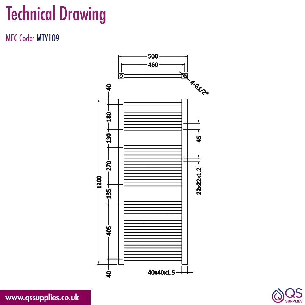 Nuie 500mm Wide Chrome Square Heated Towel Rail