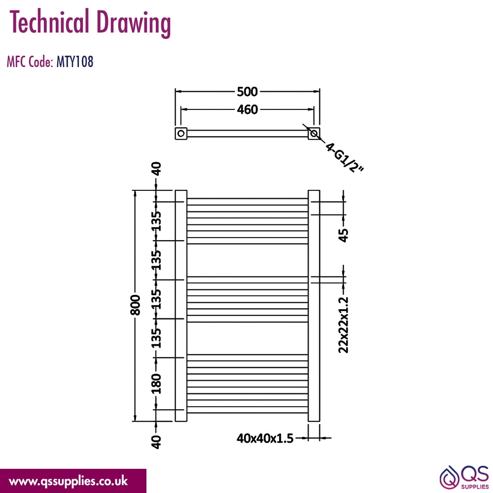 Nuie 500mm Wide Chrome Square Heated Towel Rail