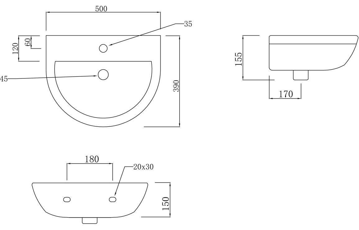Laurus 500x390mm 1TH Basin & Full Pedestal