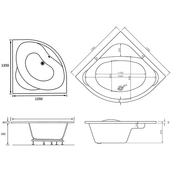Joseph Miles Ripley Standard Corner No Tap-hole Bath 1350 x 1350mm