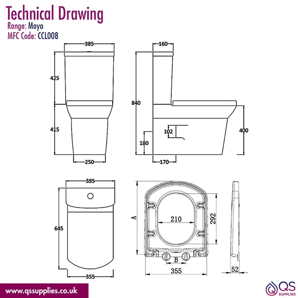 Hudson Reed Maya 385 x 645mm Flush To Wall Close Coupled Toilet With Seat And Cistern