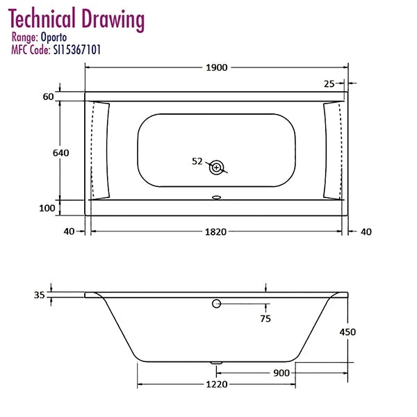 Fline Oporto White Square Rectangular Double Ended Bath