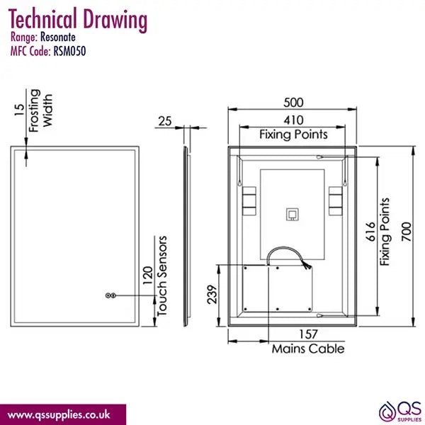 Tavistock Resonate 500mm LED Bluetooth Mirror With Demister Pad