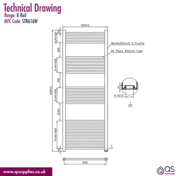 Kartell K-Rad K-Rail Straight Towel Rail 600mm Wide