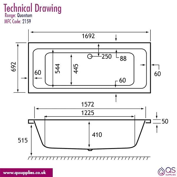 Carron Quantum Acrylic Double Ended White Bath 5mm - 1700 x 700mm
