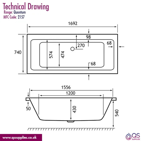 Carron Quantum Double Ended Acrylic White Bath 5mm - 1700 x 750mm
