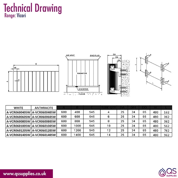 Reina Vicari 600mm High Single Horizontal Aluminium Radiator