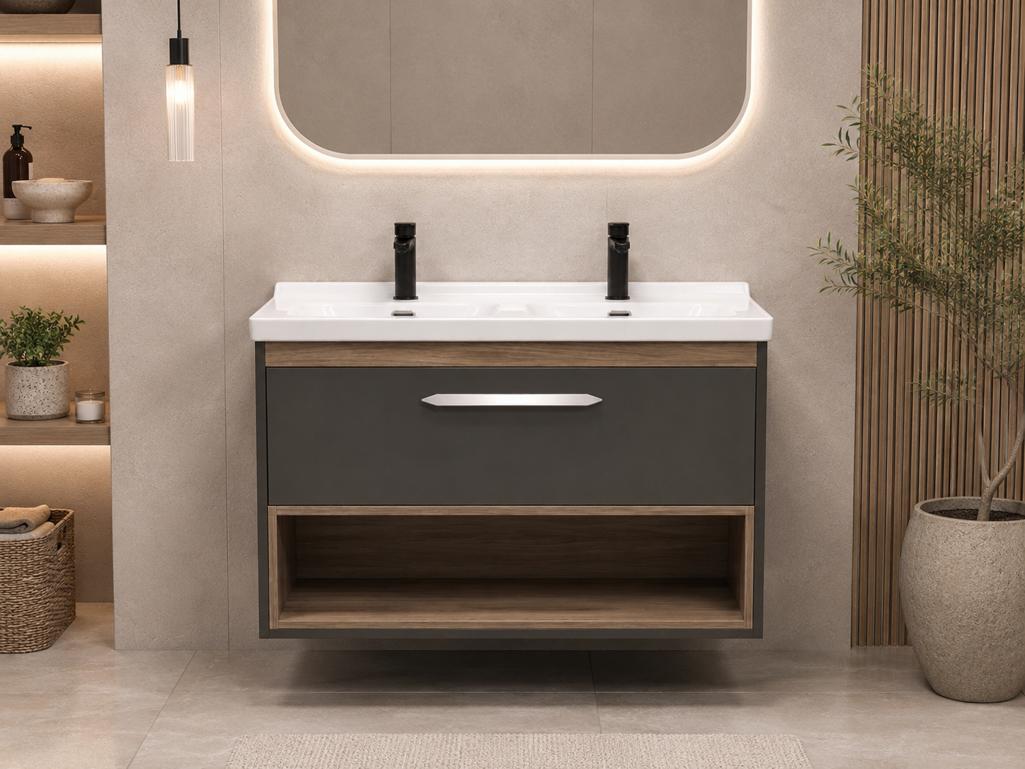 1170-100 1000mm Oak Wood Single Draw Wall Hung Bathroom Vanity unit with WoodenFrame Inc Nano Glazed Ceramic Basin