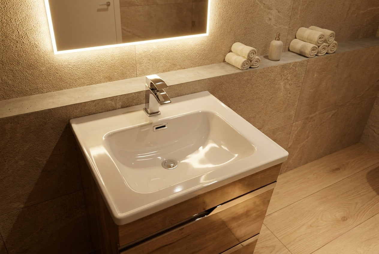 Novo 1175-60 600mm DTA HF OAK 2-Drraw Floor-standing Vanity & Nano Glazed Ceramic Basin
